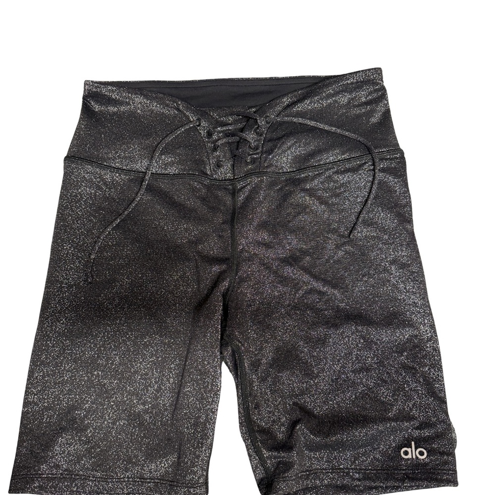 ALO Yoga Women's charcoal glitter high rise bike shorts - Picture 3 of 7